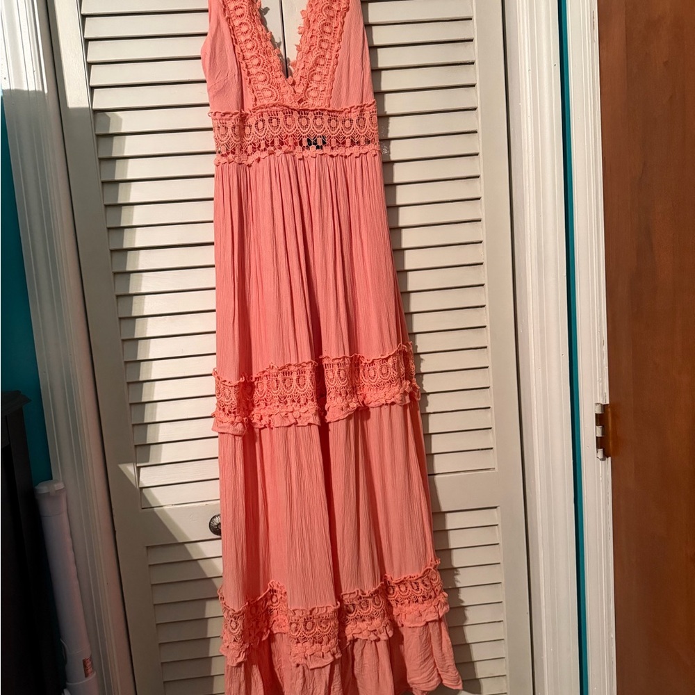 Elegant Coral/Pink Lace Maxi Dress